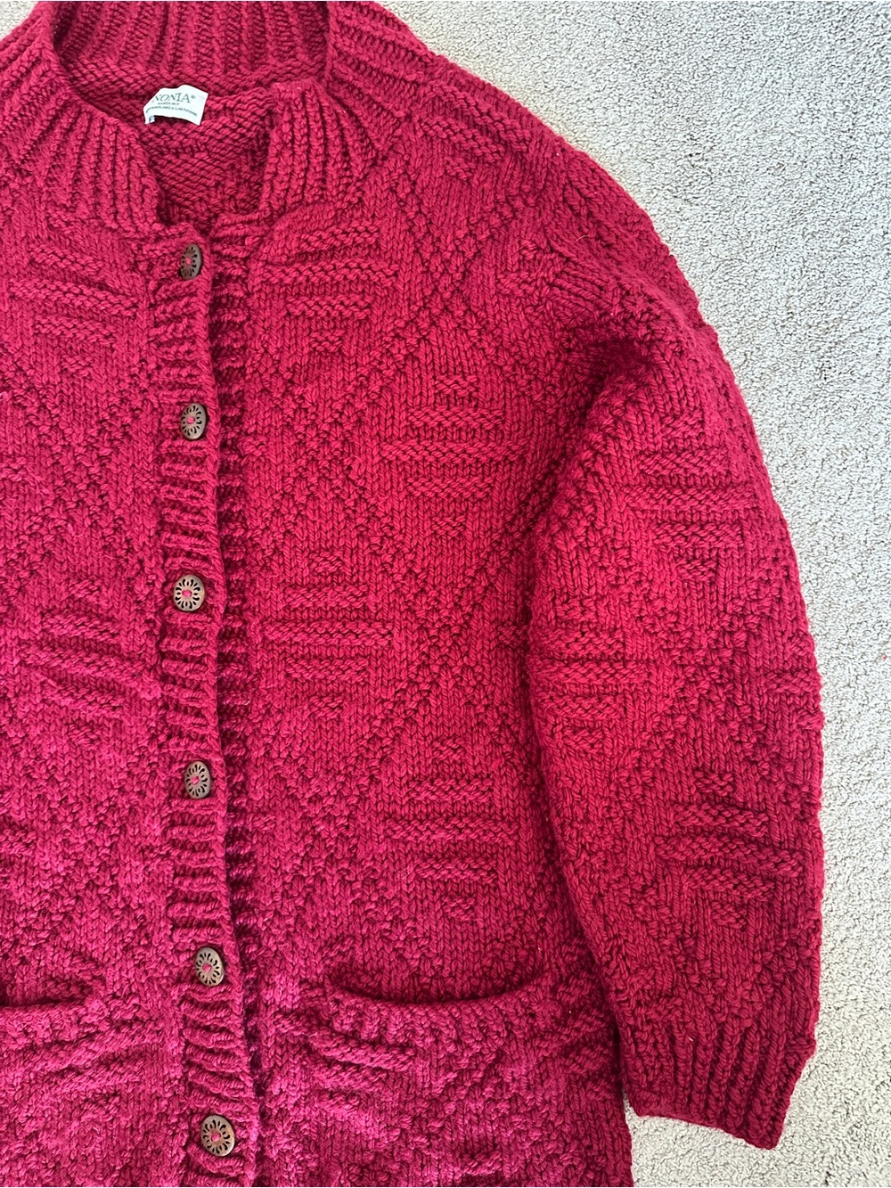 NONIA Vintage Hand Knit Wool Cardigan Sweater Raspberry Size Large** - Picture 6 of 14